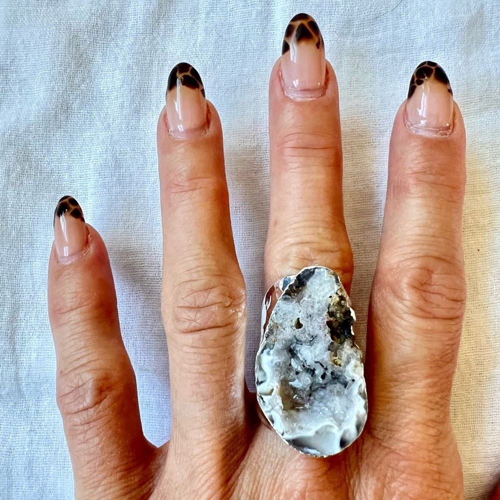 925 Micro Quartz Crystals in Geode Agate Ring 6 7 8 - Picture 3 of 16